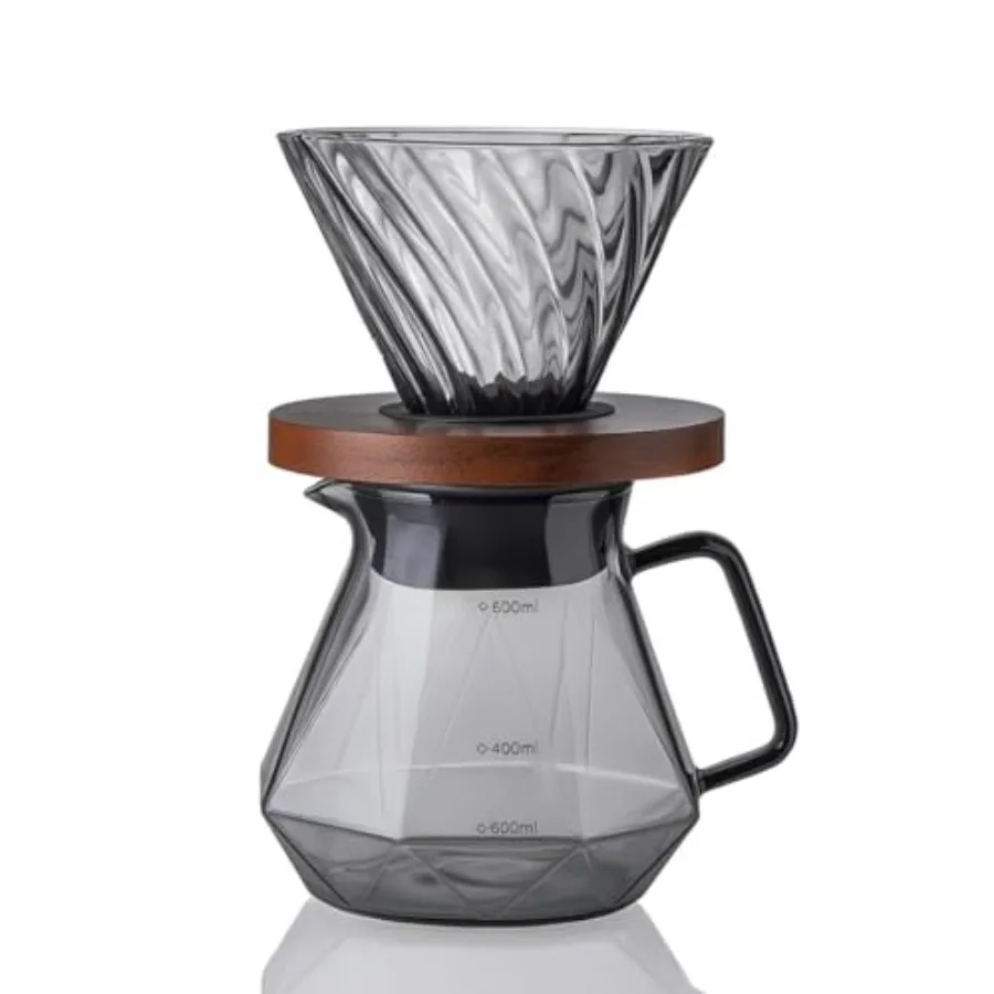 Cafecito Pour Over Coffee Maker Set 20 oz Glass Carafe with Walnut Base, V60 Dripper and Filters 5-in-1 Hand Brew Set for Home