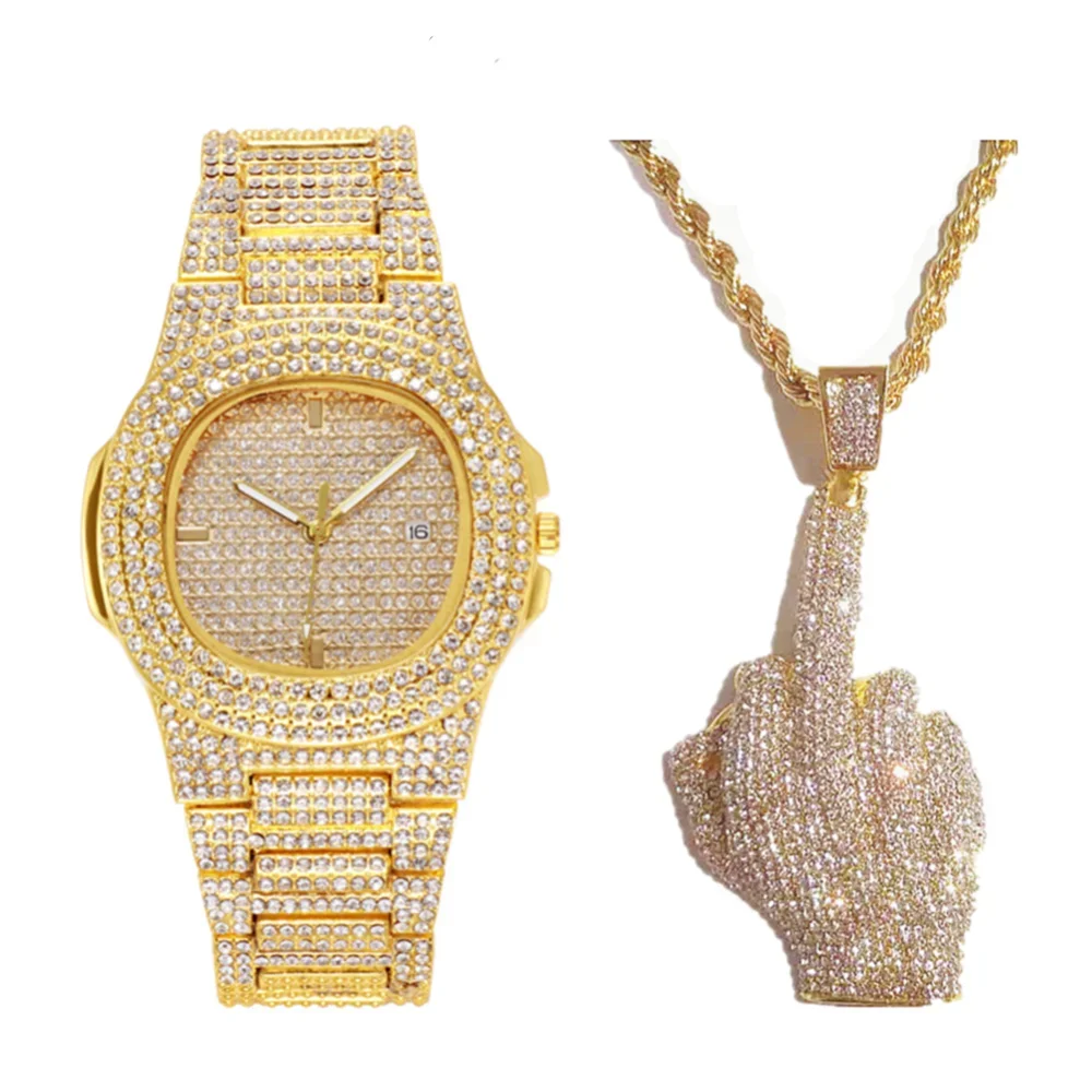 

2pcs Iced Out Watch Necklace for Men Luxury Diamond Gold Watch Men Bling Hip Hop Middle Finger Pendant Chain Fashion Jewelry Set