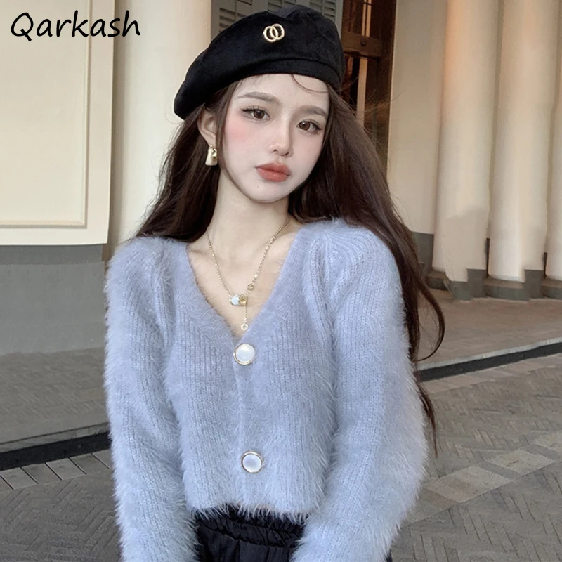 

Cropped Cardigan Women Soft Plush Design Long Sleeve Knitted Sweaters Lady Gentle Retro All-match V-neck Single Breasted Outwear