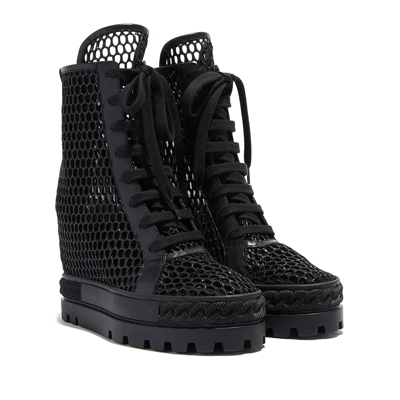 Roman Woman Air Mesh Lace- Up Ankle Boots Inner Wedge Thick Sole Fishnet Mesh Boots Increased Female Breathable Short Boots