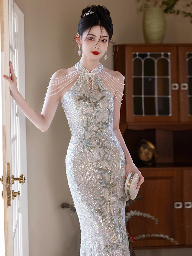 

Длинное вечернее платье с пайетками для свадьбы и помолвки, дизайн «рыбий хвост», из полиэфирного волокна