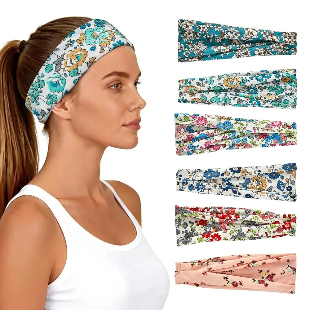 

Free Shipping - Headbands for Women 6 Pack - Wide Floral Boho Head Bands, Running Workout Washing Face Thin Hairbands，Elastic No