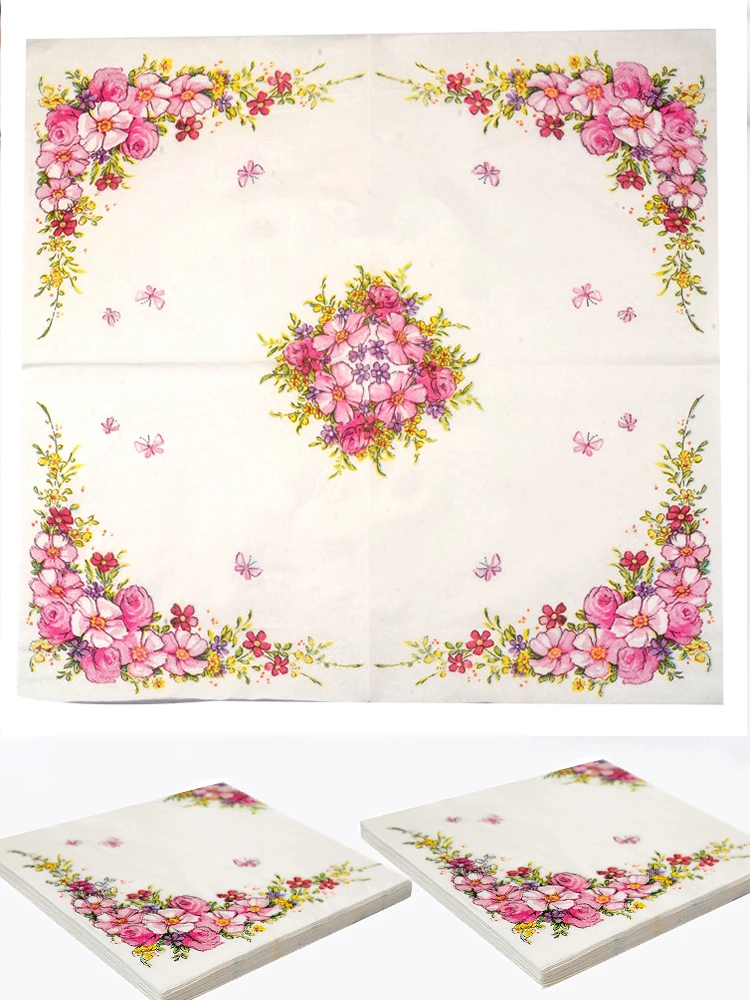 Diagonal flower printed napkin pink placemat paper wine cup floral tissue four packaging