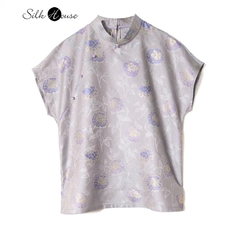

Women's Summer New 100% Natural Mulberry Silk Song Brocade Blue Hydrangea Standing Collar Short Sleeved Fashion T-shirt