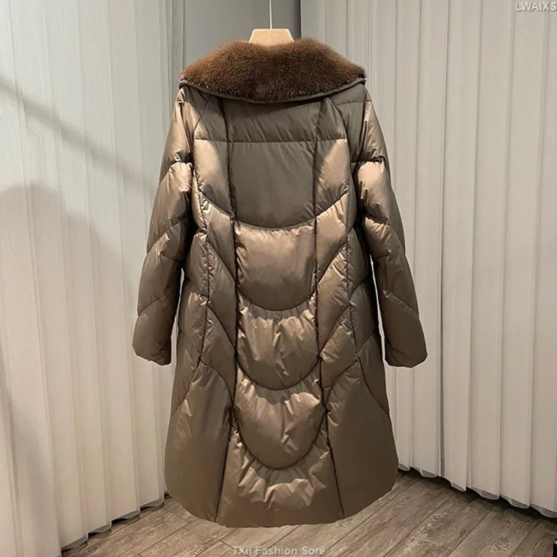 Luxury Slim Long Down Parkas Women Real Mink Fur Collar Hooded Coats Winter Thick Warm White Goose Down Jackets Lady Outerwear