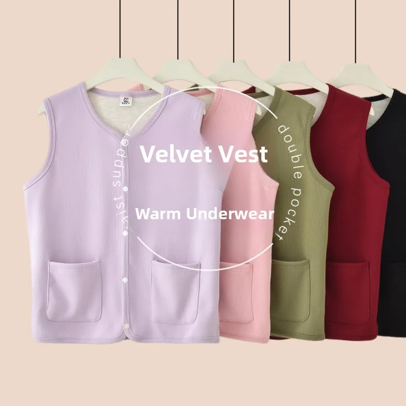 Women's Fleece Lined Vest Thick Warmth V-Neck Short Style Single Button Closure Polyester Fiber Mommy Fashion Autumn Winter Wear