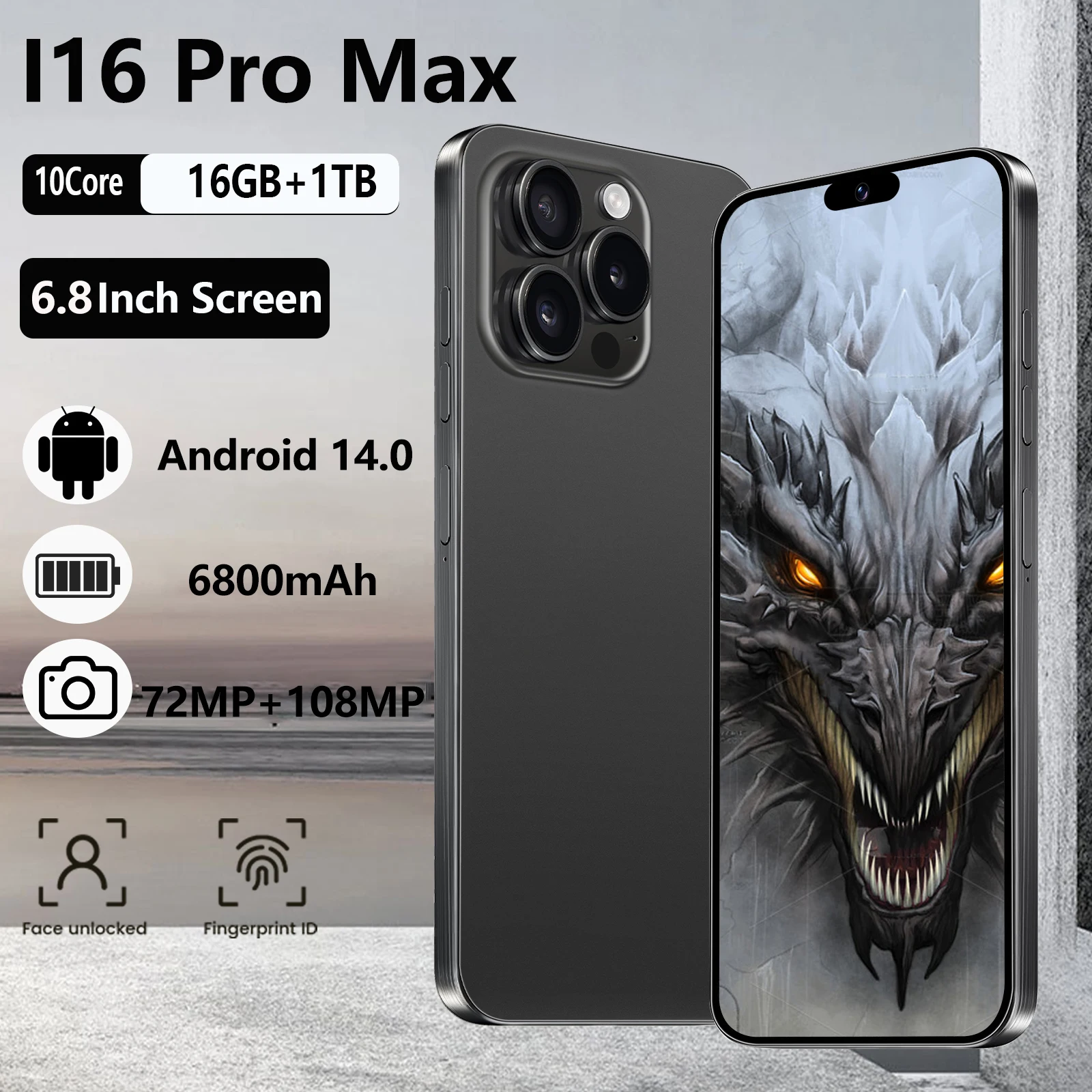 

2025 New i16 Pro max Global version smartphone 7.3inch HD Android14 Snapdragon 8gen3 10core dual SIM 5G phone 6800mAh phone