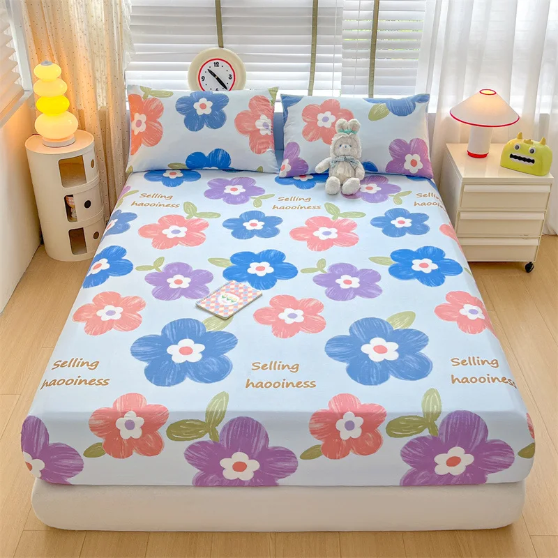 Colorful Floral 100%Cotton Fitted Sheets Set for Girls Cute Soft 3 Pieces Kids Mattress Cover 10 Inch Deep Pocket Fitted Sheets