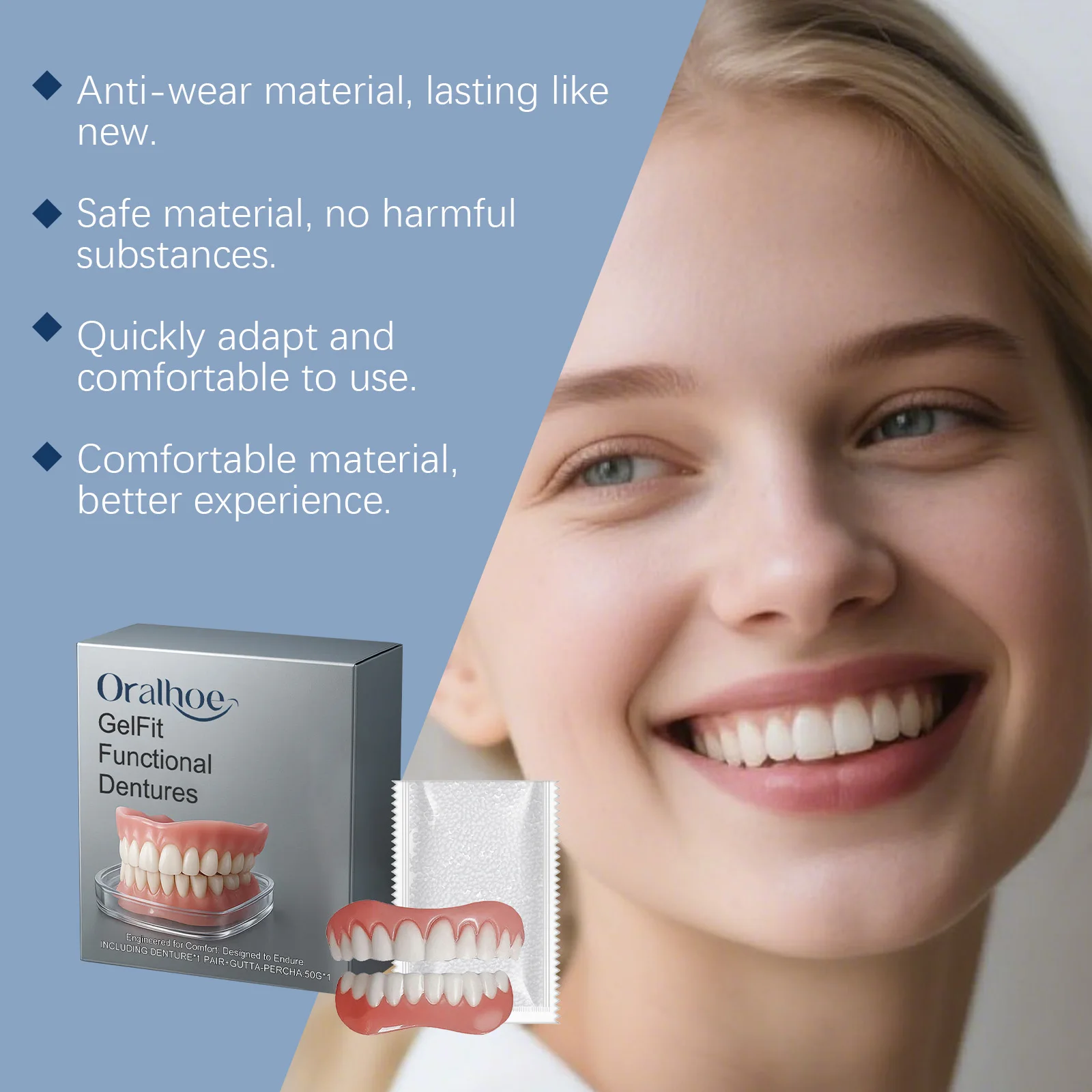 أطقم أسنان سيليكون للأسنان الصناعية مجموعة كاملة ناعمة وآمنة وسهلة الاستخدام مناسبة تمامًا لتحسين فقدان الأسنان المكسورة طقم أسنان مؤقتة