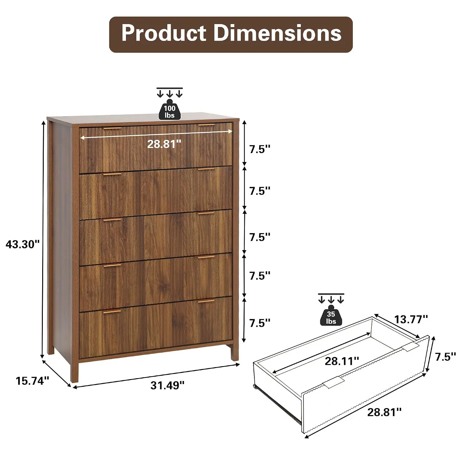 5 Drawer Dresser With Waveform Fluted Panel, Wood Storage Chest For Bedroom Closet Living Room, Walnut, Customized