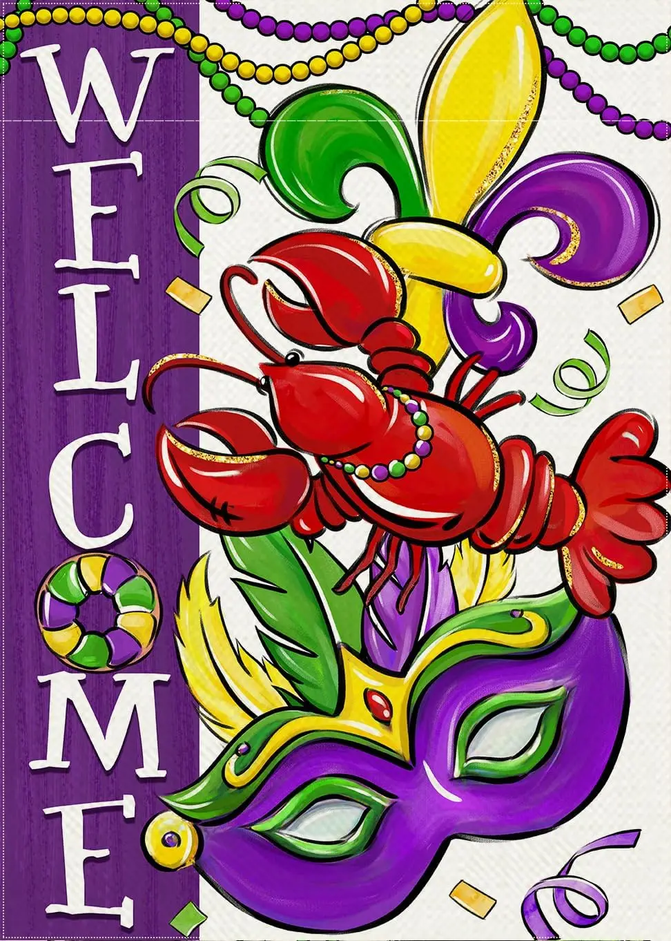 Mardi Gras Garden Flag, Crawfish Mask Fleur De Lis New Orleans Carnival Yard Decor, Purple Green Yellow Beads, 12 x 18 ZZJ L llz