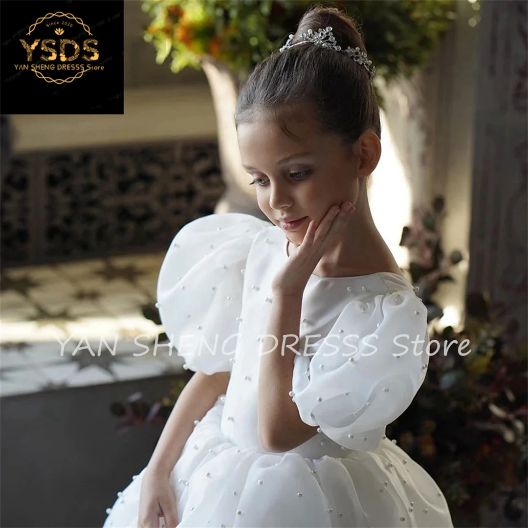 

White Flower Girl Dresses for Wedding Toddlers Puff Sleeves Pageant Gown Above Knee Length Little Girls First Communion Dress