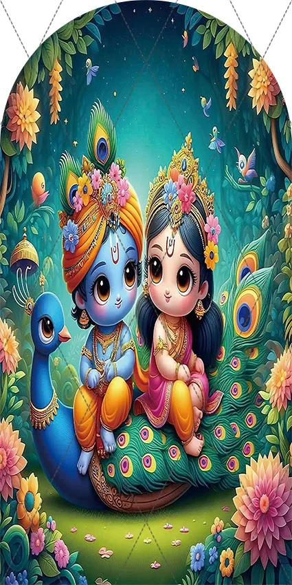 Mehofond Custom 2-Sided India Yashoda and Krishna Peacock Kids Birthday Baby Shower Covers Chiara Arch Background Decor Backdrop image 3