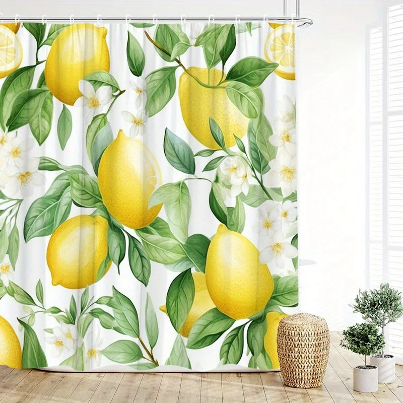 

1pc lemon and white flower pattern shower curtain, polyester fabric, machine washable, suitable for bathroom decoration