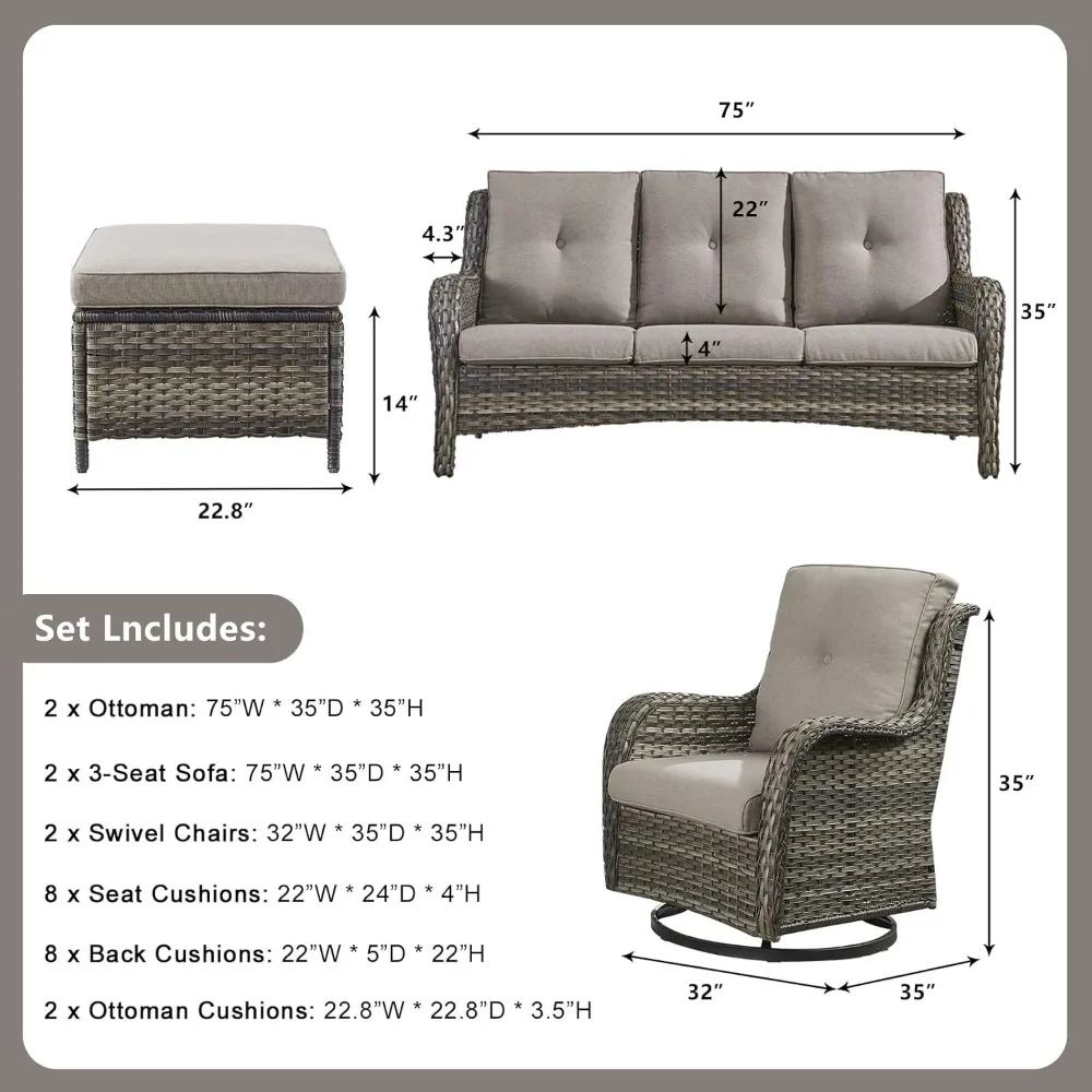 

A Rattan Patio Furniture Set, A 6-piece Rattan Outdoor Sofa Set, Including 2 Rocking Chairs, 2 Footstools and 2 Sofas