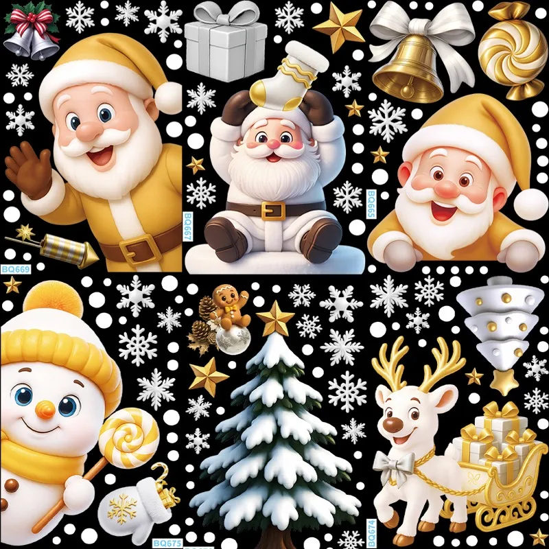 Christmas Snowflake Santa Claus Window Stickers Cartoon Xmas Tree Elk Bell Party Sticker New Year Party Festive Sticker Decor