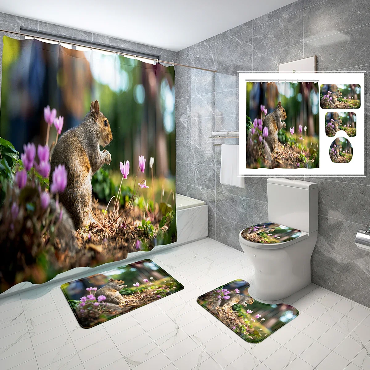 

4-Piece Set Forest Wildlife Shower Curtain with Hooks Non-Slip Bath Mat,Toilet Lid Cover Waterproof Bath Curtain Decor Bathroom