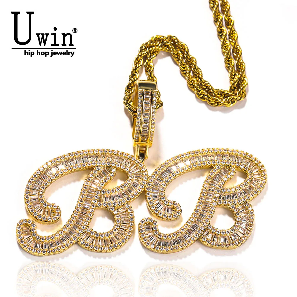 

UWIN Custom Square Zircon Baguette Name Necklace Icy Out CZ Brush Letter Pendant Rapper Chain Personalized Hip Hop Jewelry Gifts