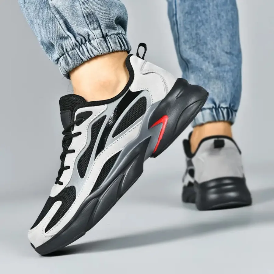 

Men'S Casual Athletic Shoes Mesh Upper Genuine Black White Gray Classic Color Matching Chunky Sneakers with Line Decoration Hei