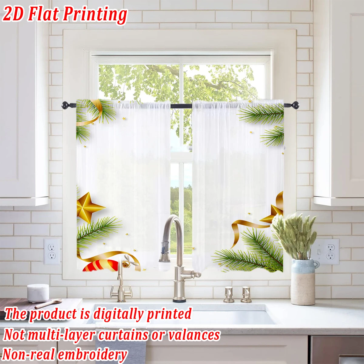 ستارة شفافة للمطبخ بطباعة مسطحة لعيد الميلاد مع فرع الصنوبر لتزيين عيد الميلاد المجيد لحفلات ديكور المنزل