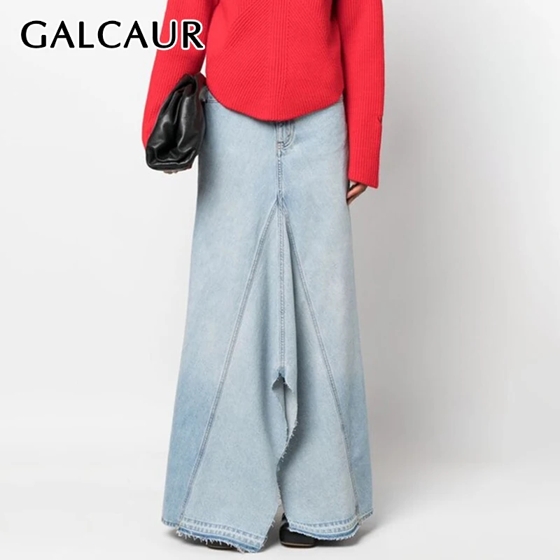 

GALCAUR Irregular Hem Denim Skirts For Women High Waist Spliced Pocket A Line Folds Loose Fashion Long Skirt Female Summer New