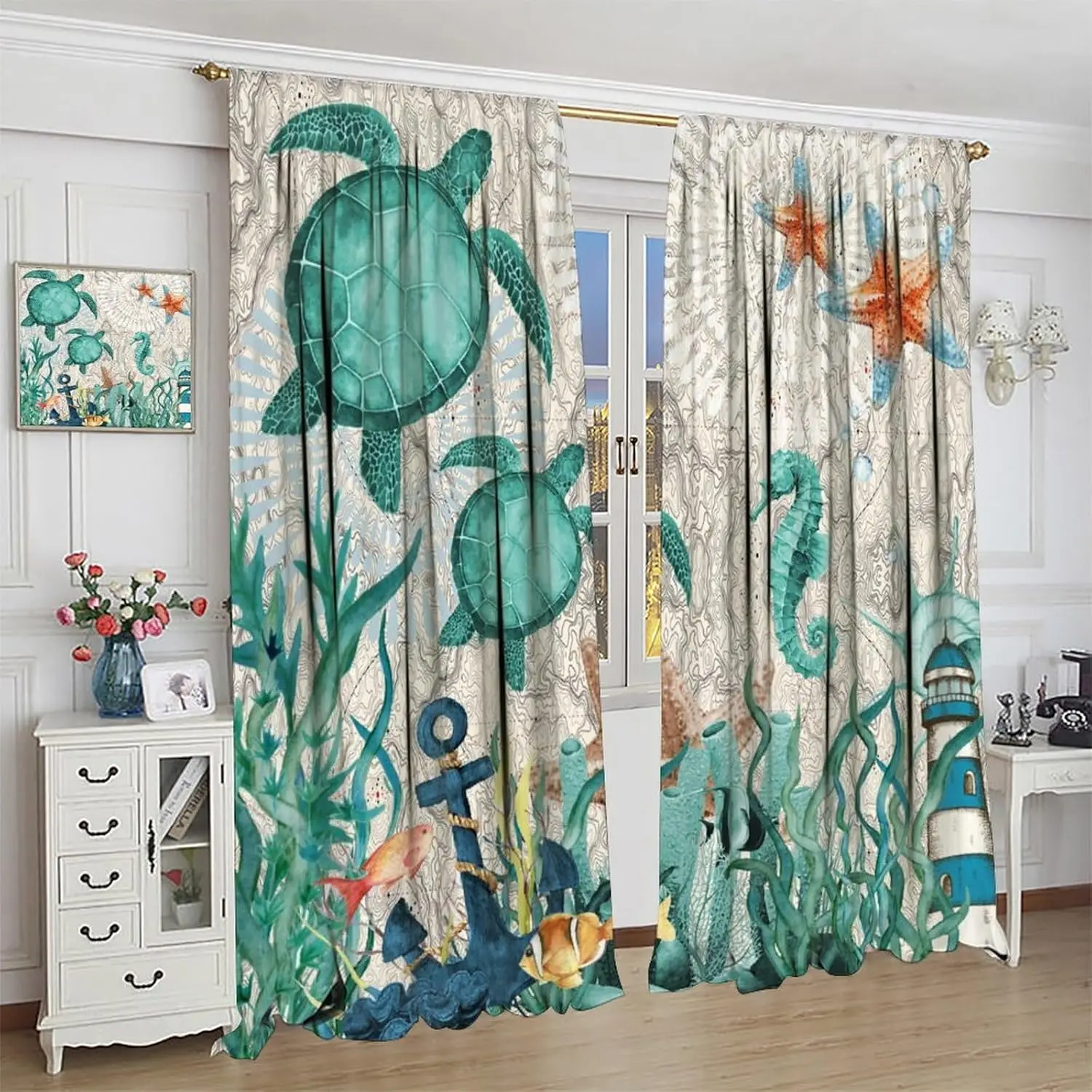 Turtle Ocean Curtains for Kitchen,Undersea Coral Marine Starfish Shells Boat Anchors Sea Seahorses Marine Animals Window Drapes
