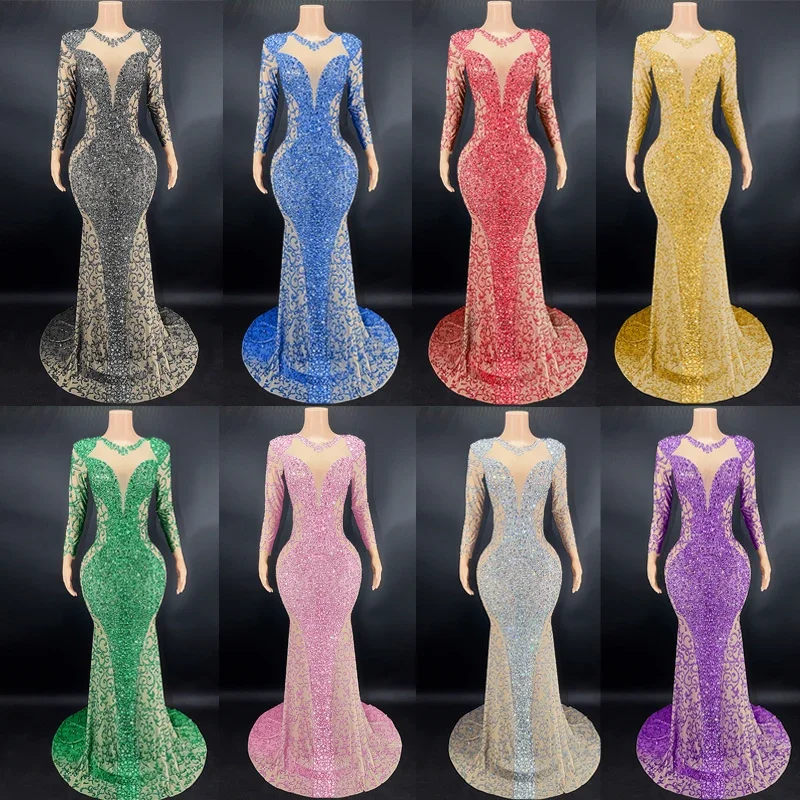 

8 Colors Full Rhinestones Dress Women Evening Trailing Dress Birthday Celebrate Costume Stage Prom Festival Outfit XS5582
