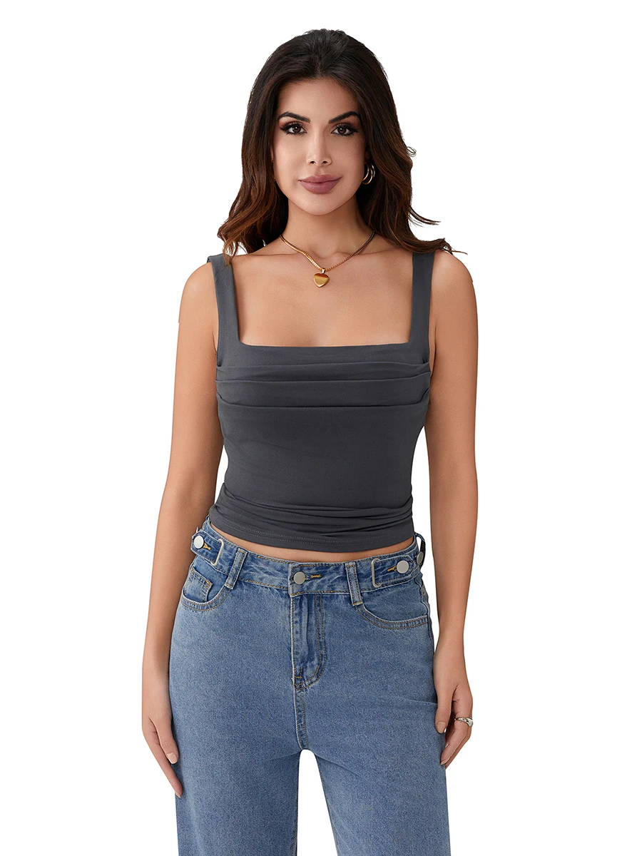 Camiseta feminina sem mangas de regata, ruched bustier, sexy top de saída, colete plissado de alças sem encosto, verão, cami fofa, Y2K