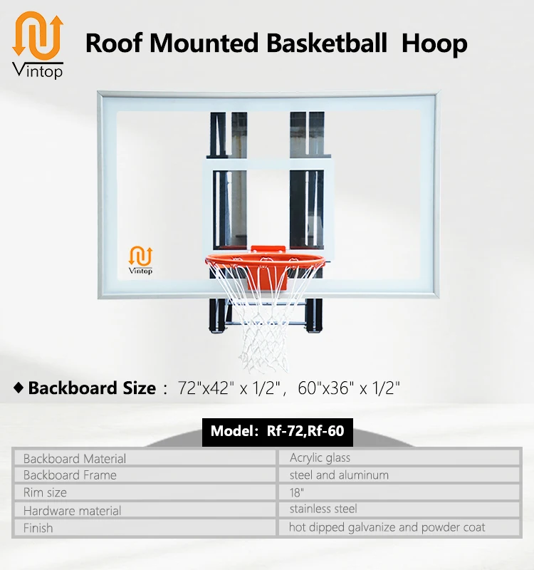 طوق كرة سلة مثبت على السقف مقاوم للماء، لوح خلفي من الزجاج المقسى للاستخدام الخارجي مع حافة زنبركية