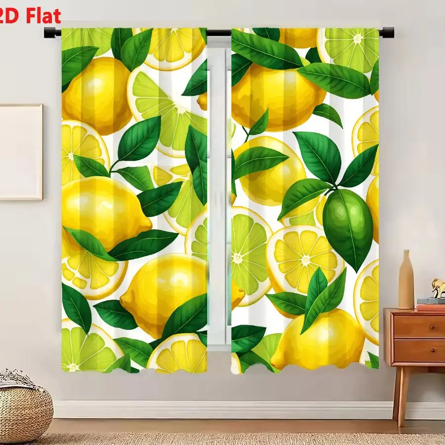 2Pcs Curtains 2D Flat Seamless Pattern With Whole Lemons Lime Slices And Green Leaves On White Background Vibrant Citrus Fresh D