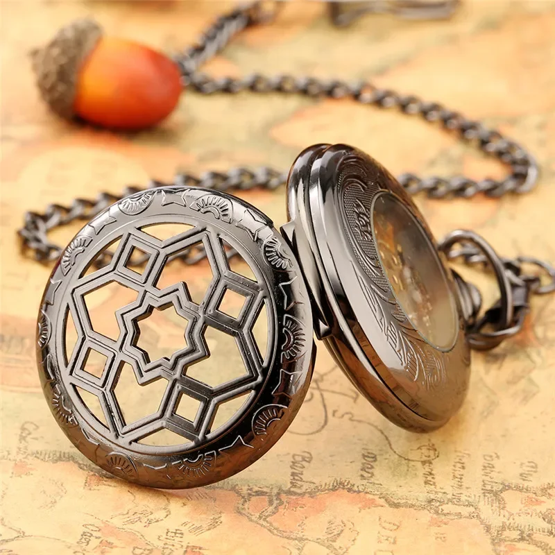 Antique Black Hollow Rhombus Case Hand Winding Mechanical Pocket Watch for Men Women Skeleton Dial Fob Chain Antique Timepiece