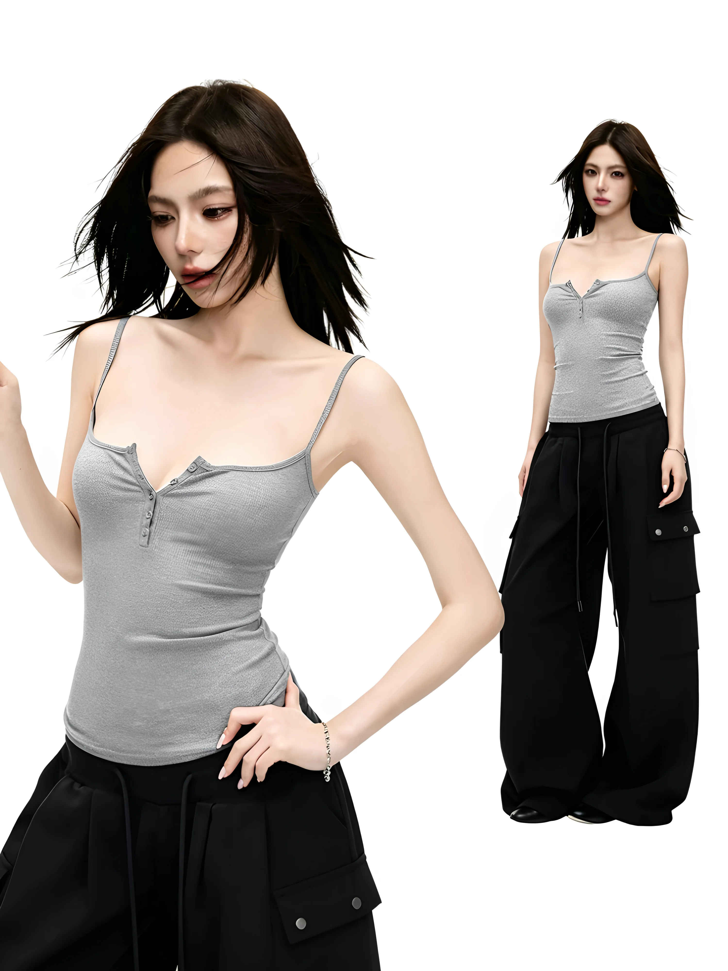 Women's Slim Fit Cotton Button up Camisole Tank Top Casual Style Inner And Outer Wear High Elasticity U-Neck  Color