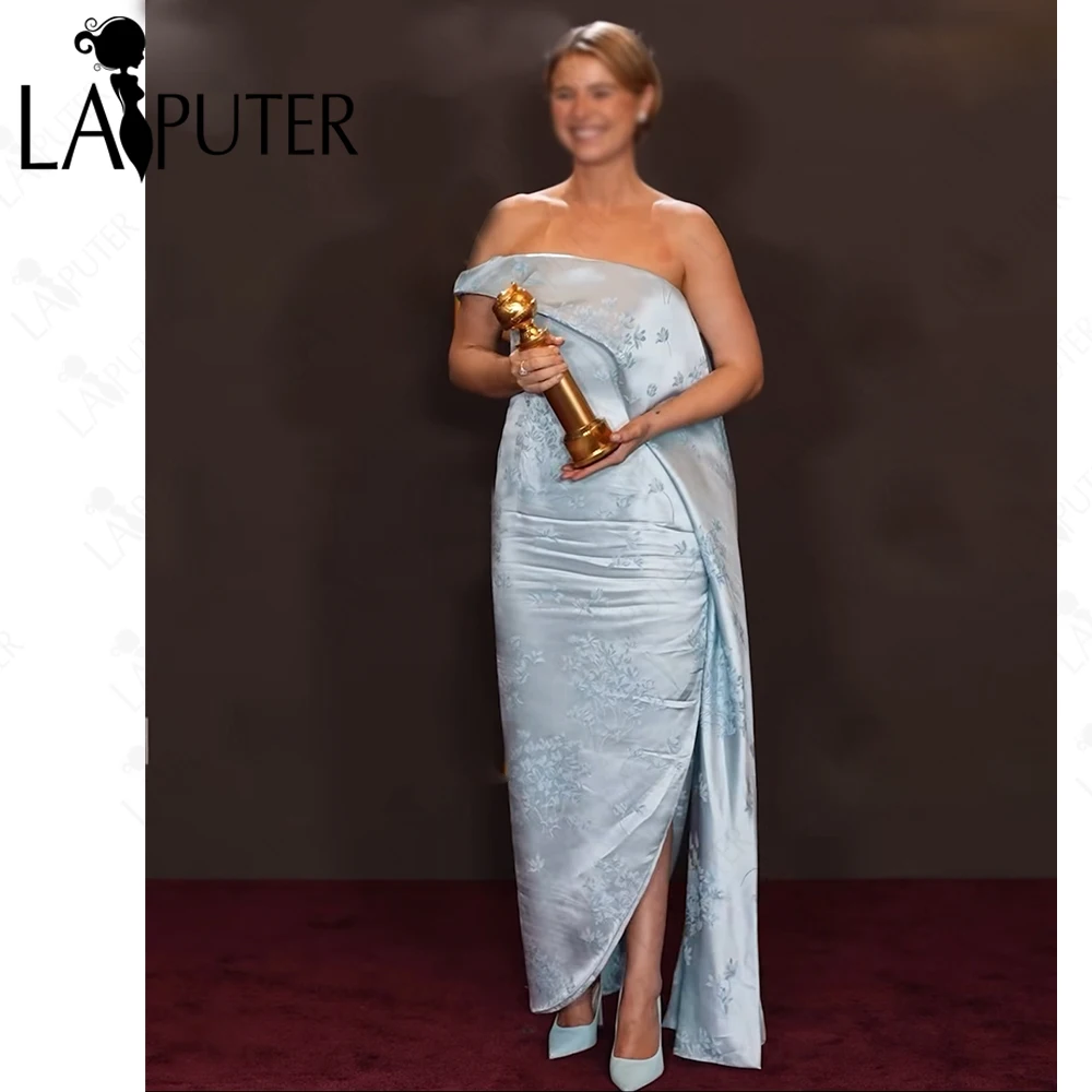 Light Blue Mother of the Bride Dresses Floral Pattern Satin Column Mom Gown Lapel Neck One Shoulder Evening Dress for Wedding