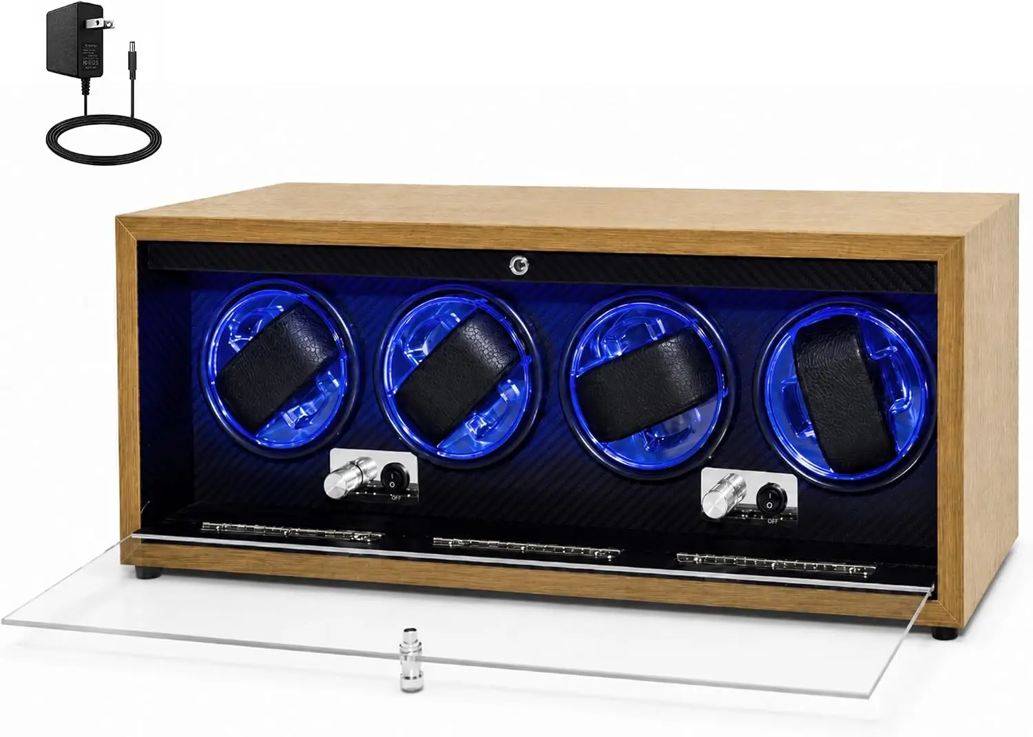 Walnut Automatic Watch Winder Storage Display Gift Quiet Japanese Motor Blue Light Rotating Case