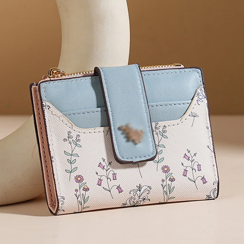 PU Leather Women Purse Hasp Closure Small Flowers Pattern Card Bag Wallet Multi-Cards Compact Short Cash Wallet For Ladies Girls