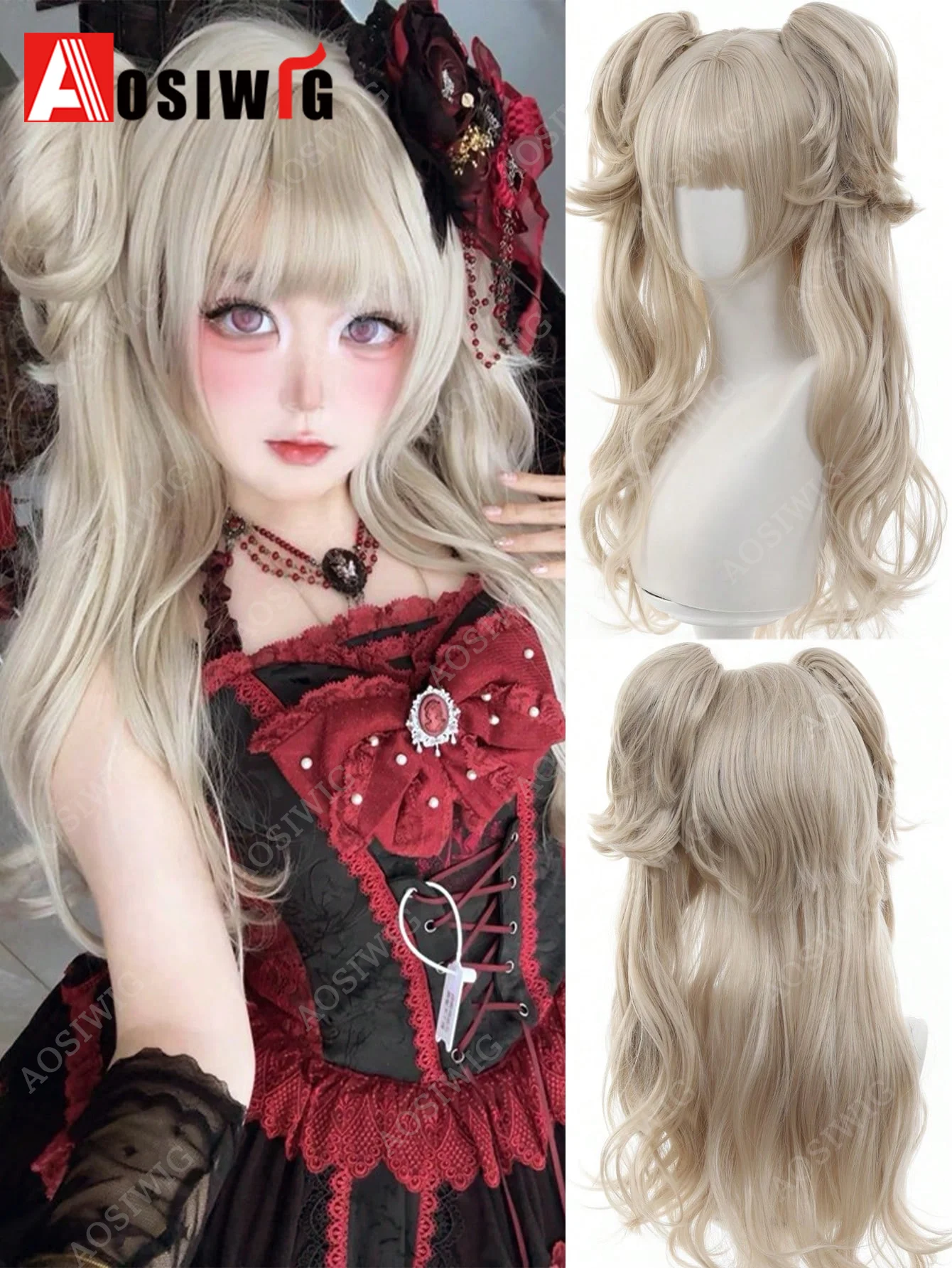 65cm Synthetic Wig Black Blonde Girl Hair Wig Harajuku Anime Cosplay Halloween Christmas Daily Dress Up Party Lolita Wigs Detach