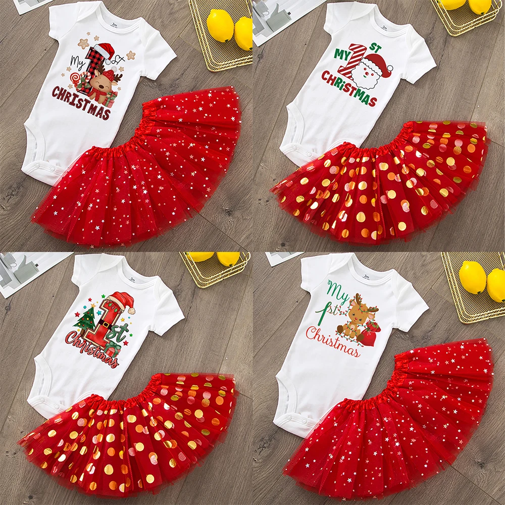 Baby Girls\' My 1st Christmas Print Dress, Bolo Smash Dresses, Newborn Xmas Party Tutu e Bodysuit Set, Roupa de Batismo Infantil