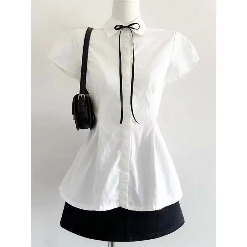 Women White Summer Short Sleeve Bow Tie Waist Slimming Blouse Shirt