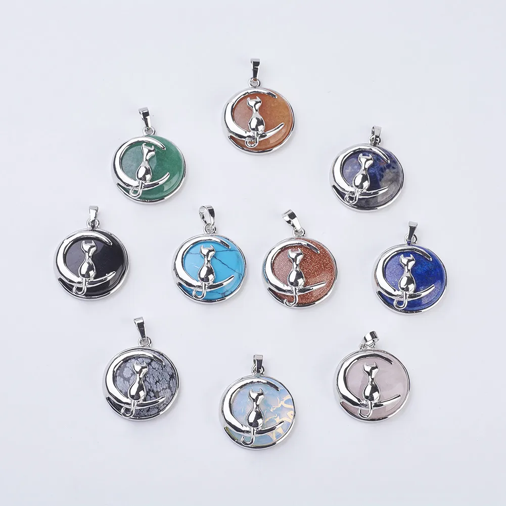 10Pcs Natural Synthetic Gemstone Pendants Cat Crescent Moon Shape Charm Flat Round Quartz Agate Charm DIY Jewelry Making