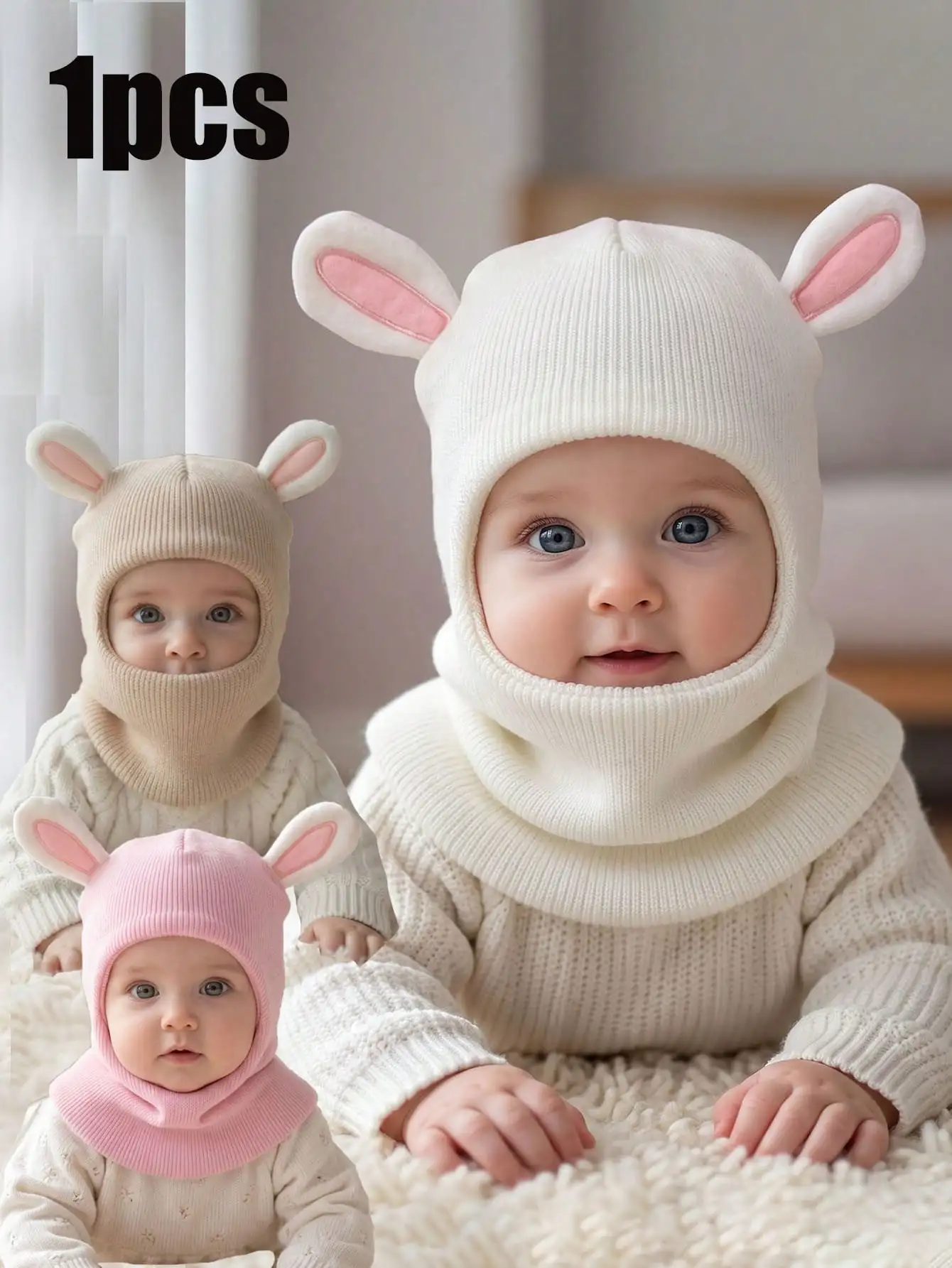 1 Stück 6M-4Y Kleine Mädchen 3D-Kaninchen-Balaclava-Strickmütze, Niedliche Kaninchenohren Weiche Leichte Kinderkopfbedeckung für den Alltag – Detail 1