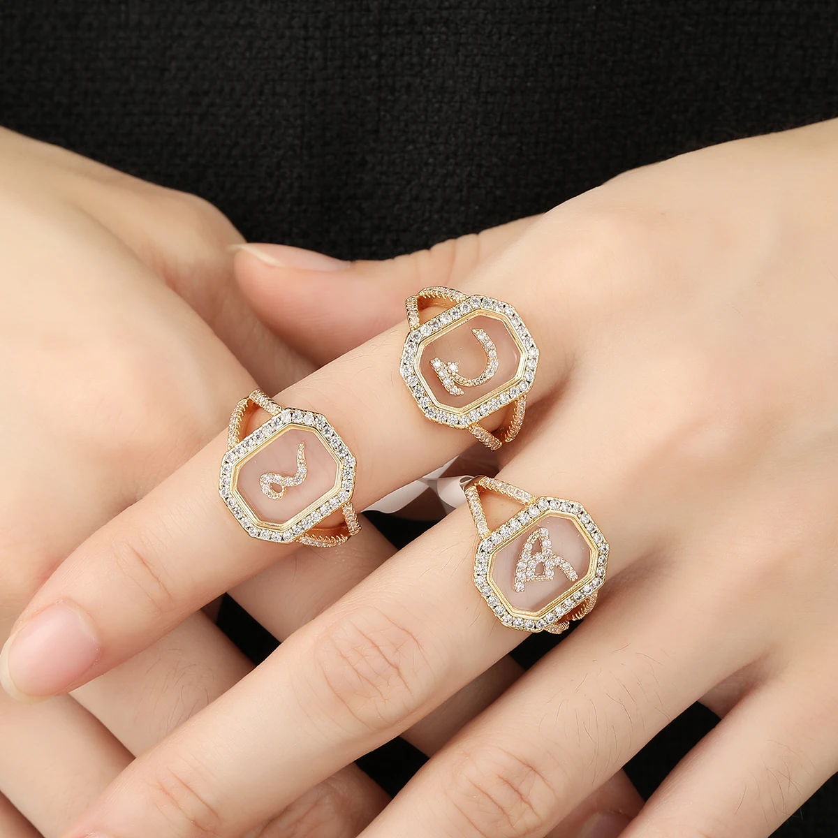 2022 New Design Women\'s Fashion Ring Simple Zircon Arabic Letters Glass Square Design Ring Arabian Style Party Jewelry Accessory