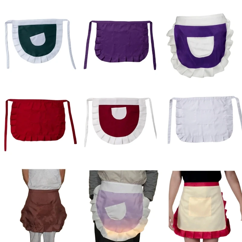 

Women Cute Ruffle Trim Short Half Apron Waitress Adjustable Waistband Contrast Color Waist Apron with Pocket for Kitchen Cooking