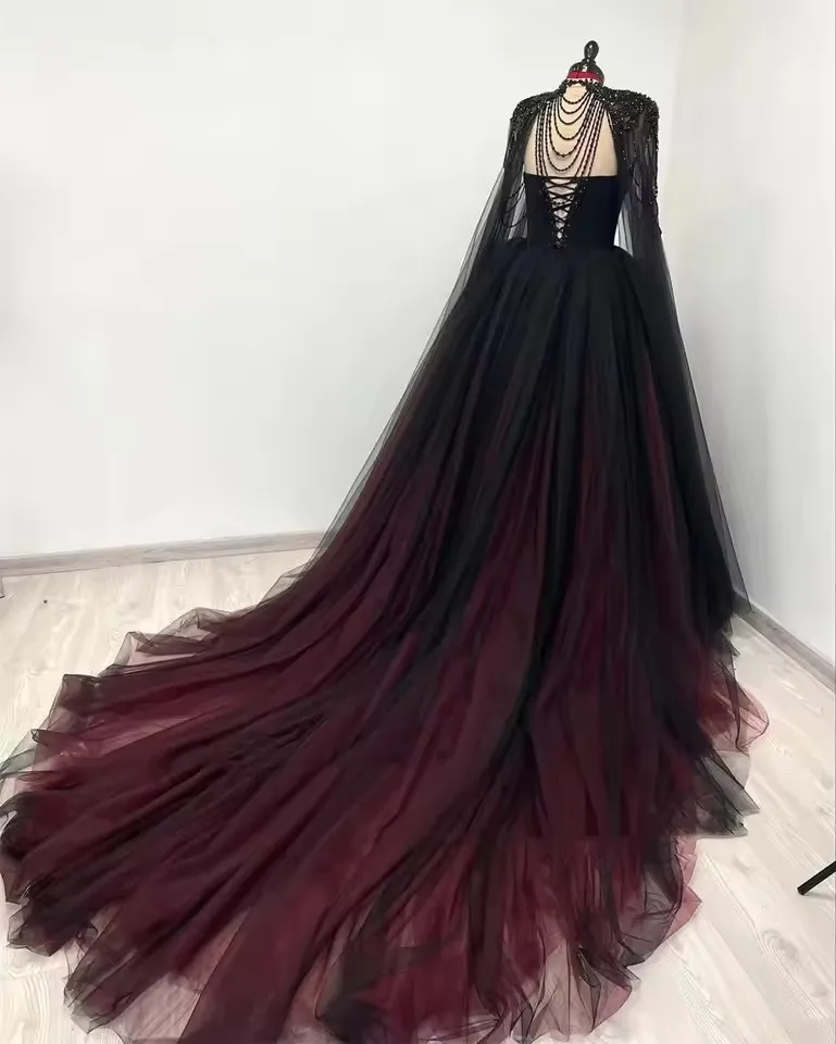 Gothic Black Red Wedding Dress Lace Applique Cape Sleeve Ball Gown Vestidos De Novia Beads Designer Bridal Gowns Customized
