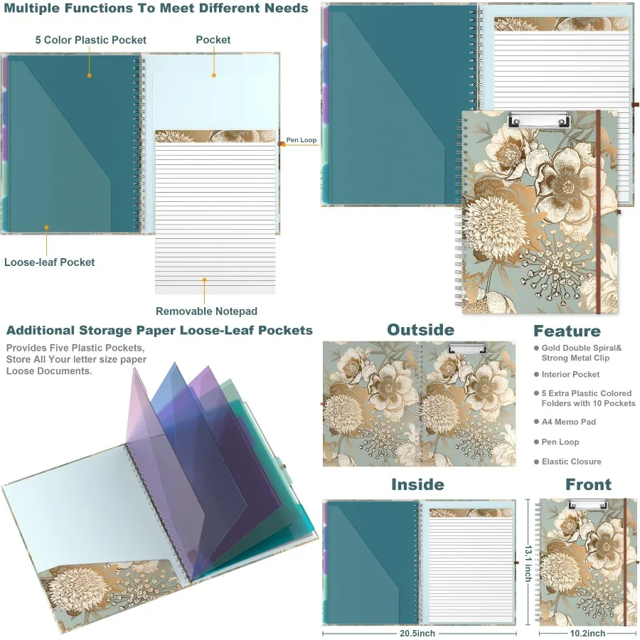 حافظة فوليو مع مفكرة مبطنة قابلة لإعادة الملء 8.5 × 11 مجلدًا مع مساحة تخزين 10 جيوب محفظة حلزونية مقاس 12.8 × 9.7 مثالية
