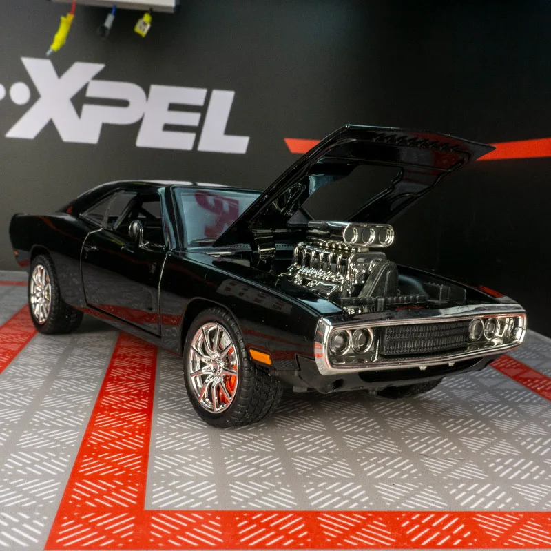 Modelo de coche de aleación Dodge 1:24 con fuerza de dirección, juguetes con sonido y luz, puertas y capó del motor, el maletero se puede abrir