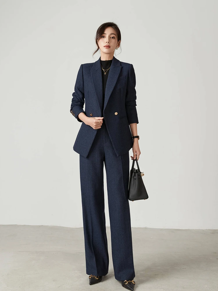 

Winter New High-End Royal Blue Thi Woolen Suit Profional Slim Straight Leg Pants Suit Women's Busin Wear Commute Sle