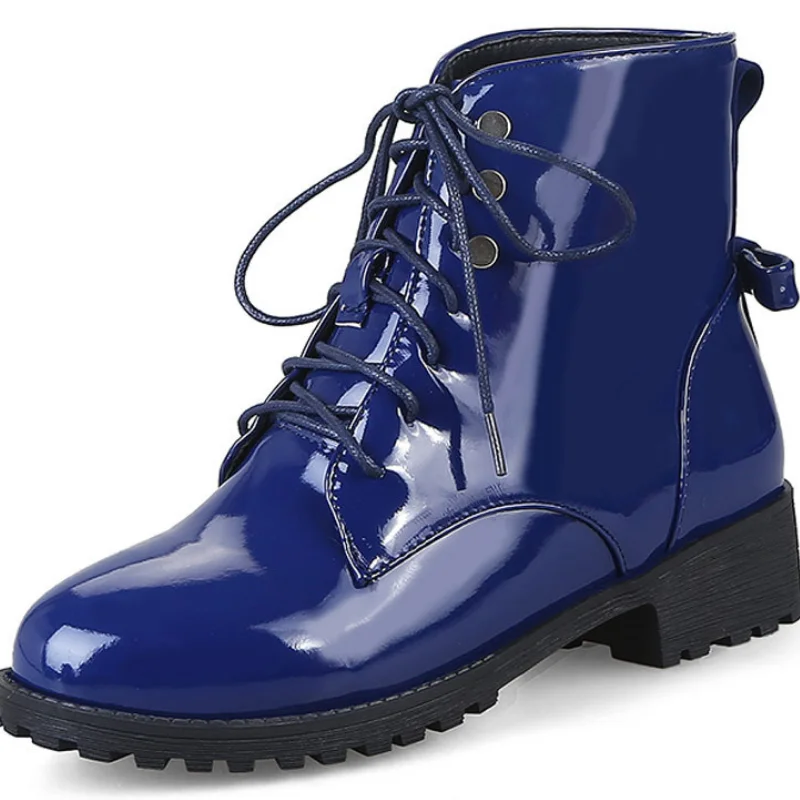 Womens Boots Patent Leather Lace Up Combat Boots Women Autumn Winter Shoes Low Heels Boots Ankle botas femininas WSH4144