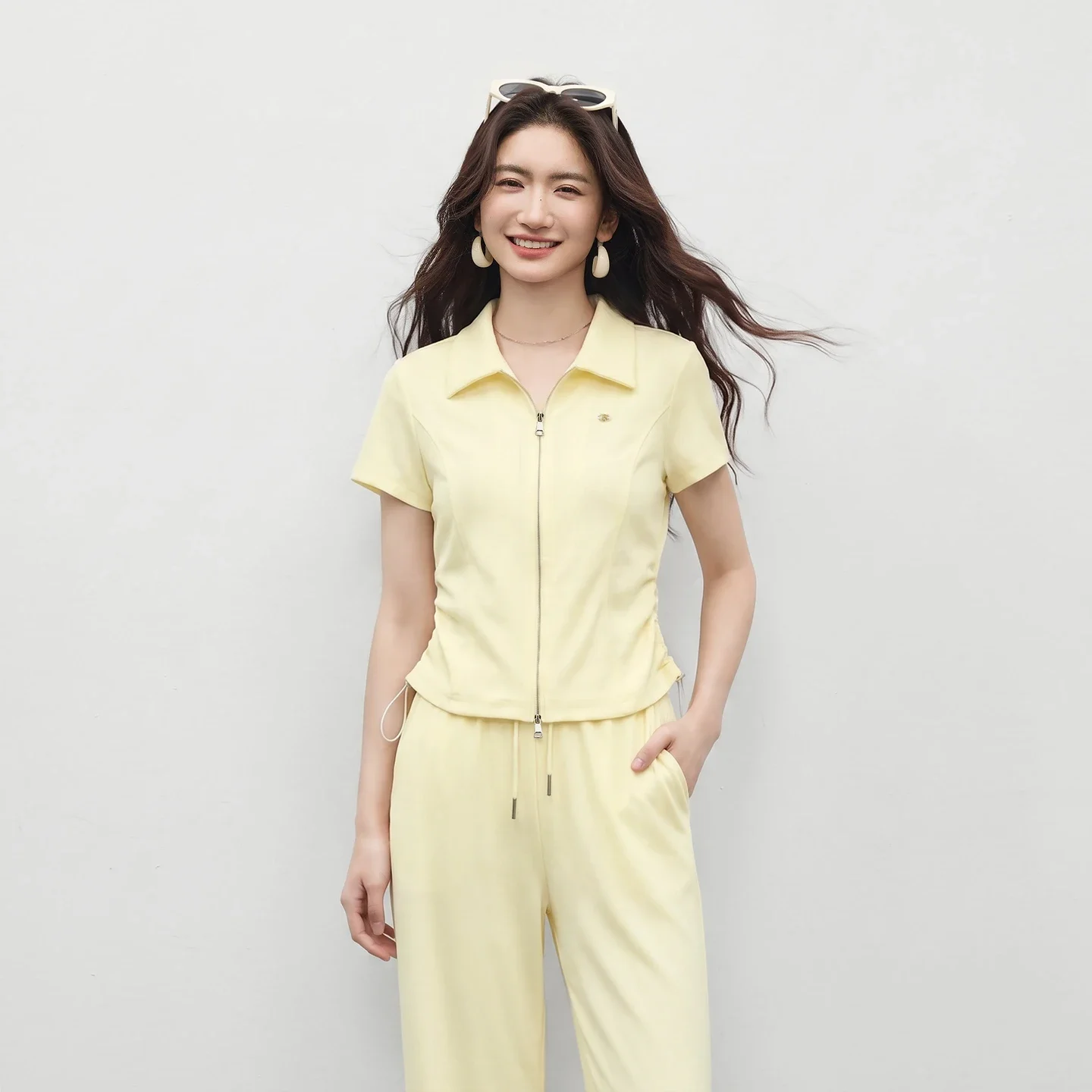 SENTUBILA Summer Women 2 Piece Pant Set Woman Casual Outfit Collared Zip T-shirt & Drawstring Elastic Waist Wide Pants 162ZF7508