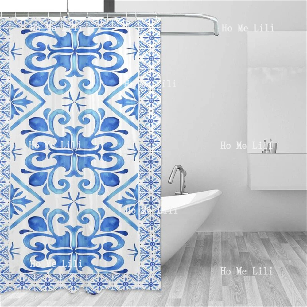 Blue Spanish Tile On White Background Mediterranean Pattern Fabric Shower Curtain Bathroom Decor