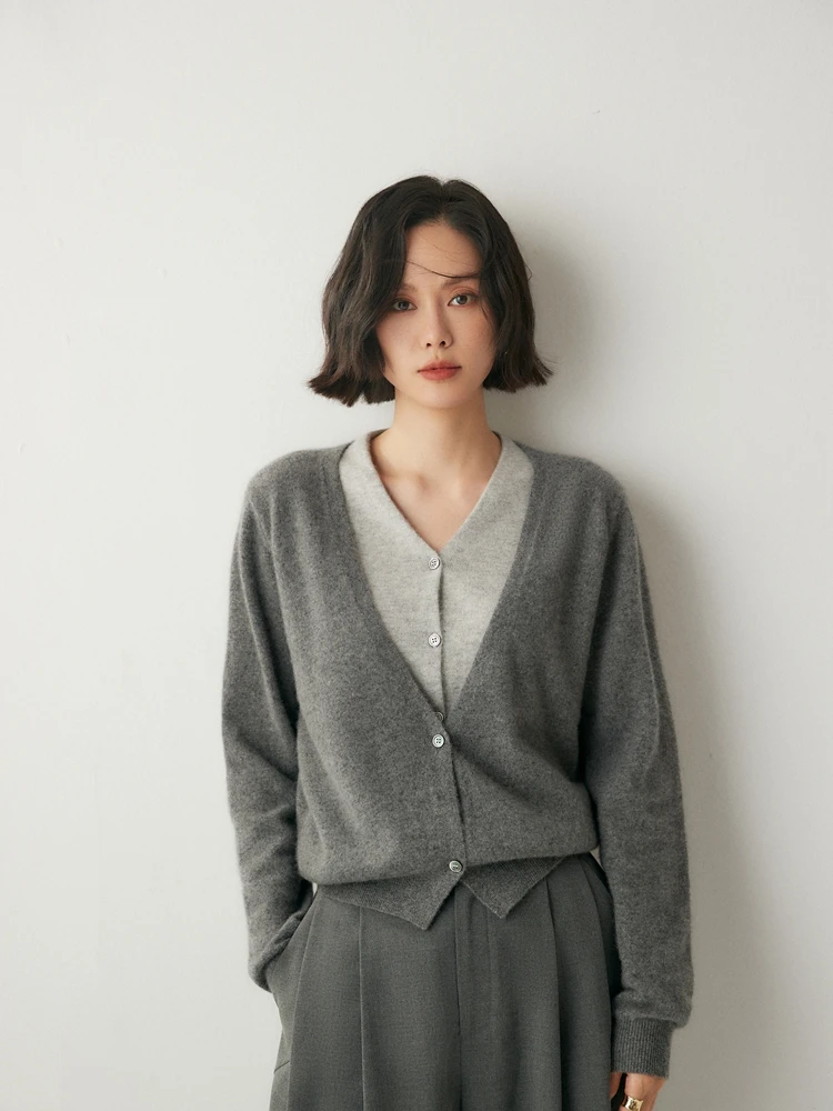 

Women's Cardigan Tops Autumn Winter Color-Block 100% Cashmere Sweater Comfortable Warm Casual Loose Elegant V-Neck Basic Style